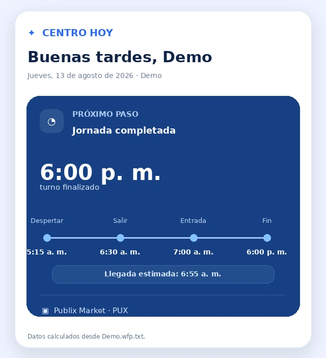 Captura demo de Centro Hoy mostrando una jornada completada