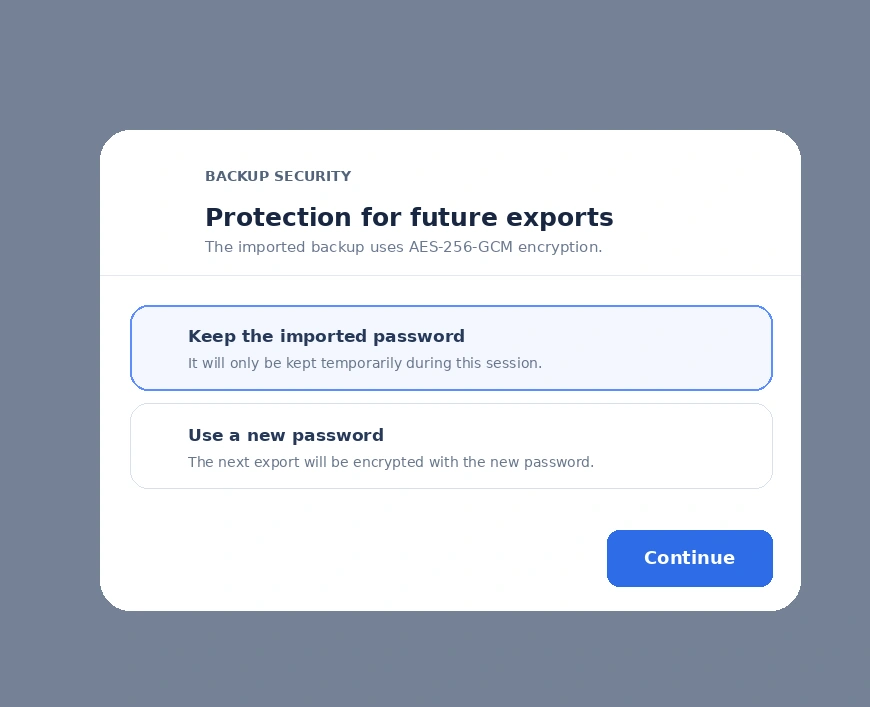Professional dialog for keeping or changing the password of an encrypted backup