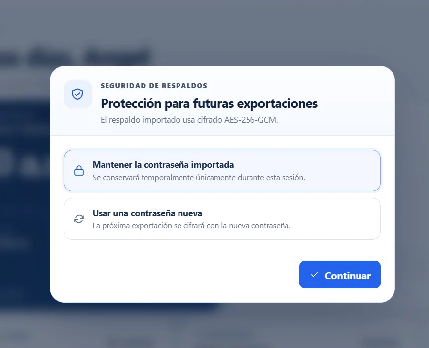 Ventana profesional para conservar o cambiar la contraseña de un respaldo cifrado